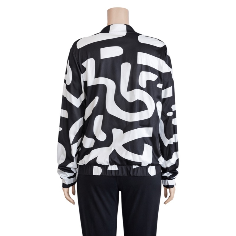 New Black & White Abstract Print Zip-Up Bomber Jacket - Picture 8 of 16